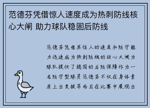 范德芬凭借惊人速度成为热刺防线核心大闸 助力球队稳固后防线 范德芬凭借惊人速度成为热刺防线核心大闸 助力球队稳固后防线