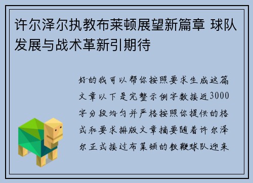 许尔泽尔执教布莱顿展望新篇章 球队发展与战术革新引期待