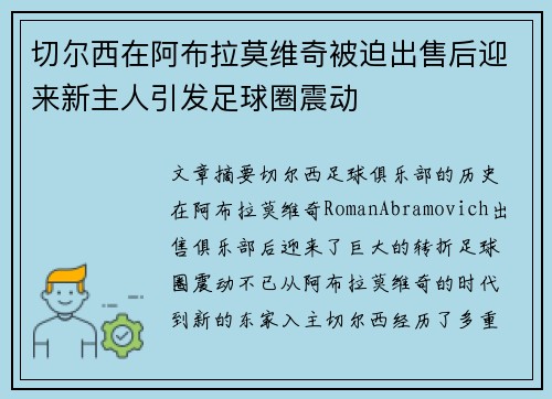 切尔西在阿布拉莫维奇被迫出售后迎来新主人引发足球圈震动